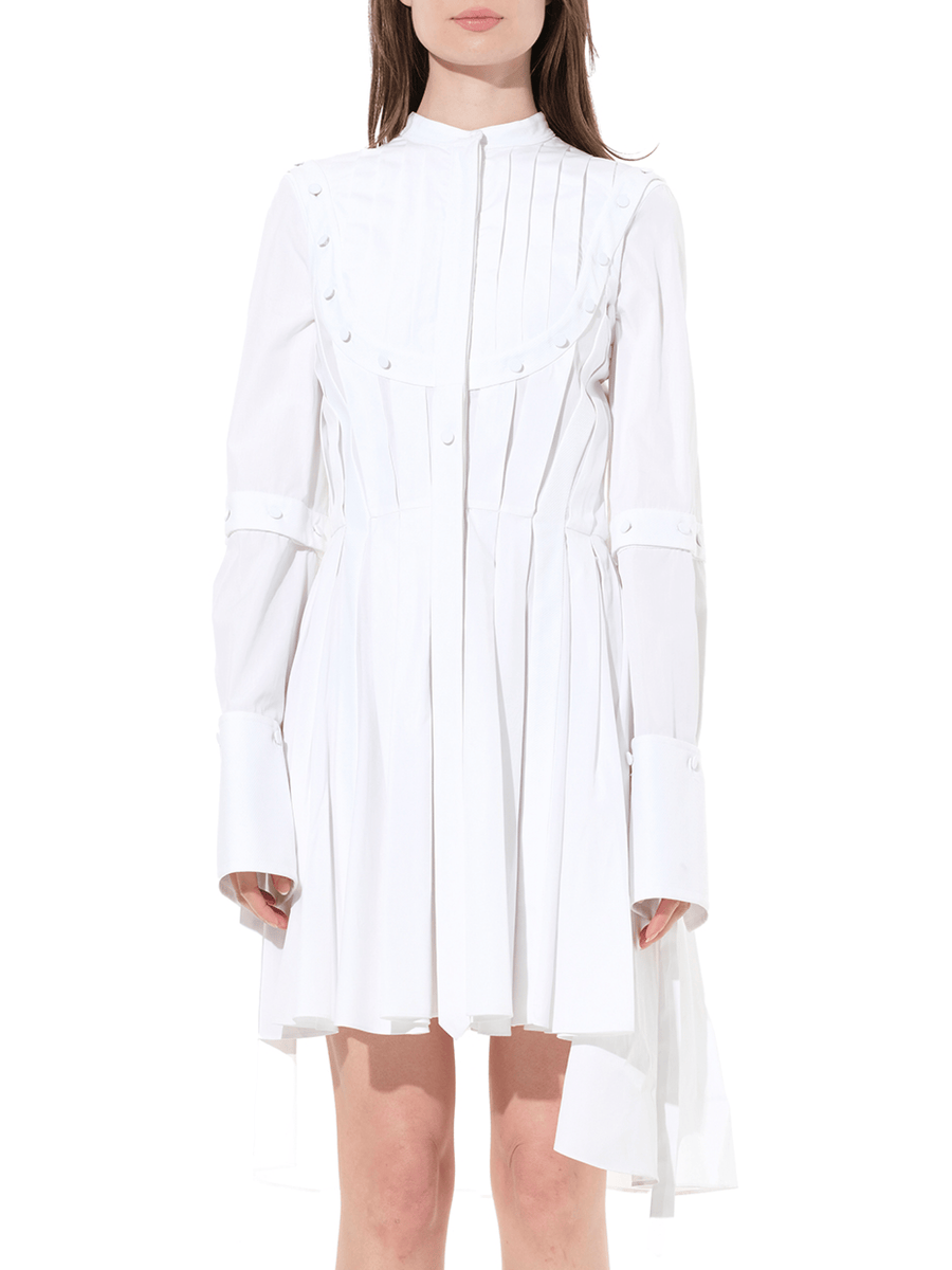 Pleated Sleeves Cotton Dress in White