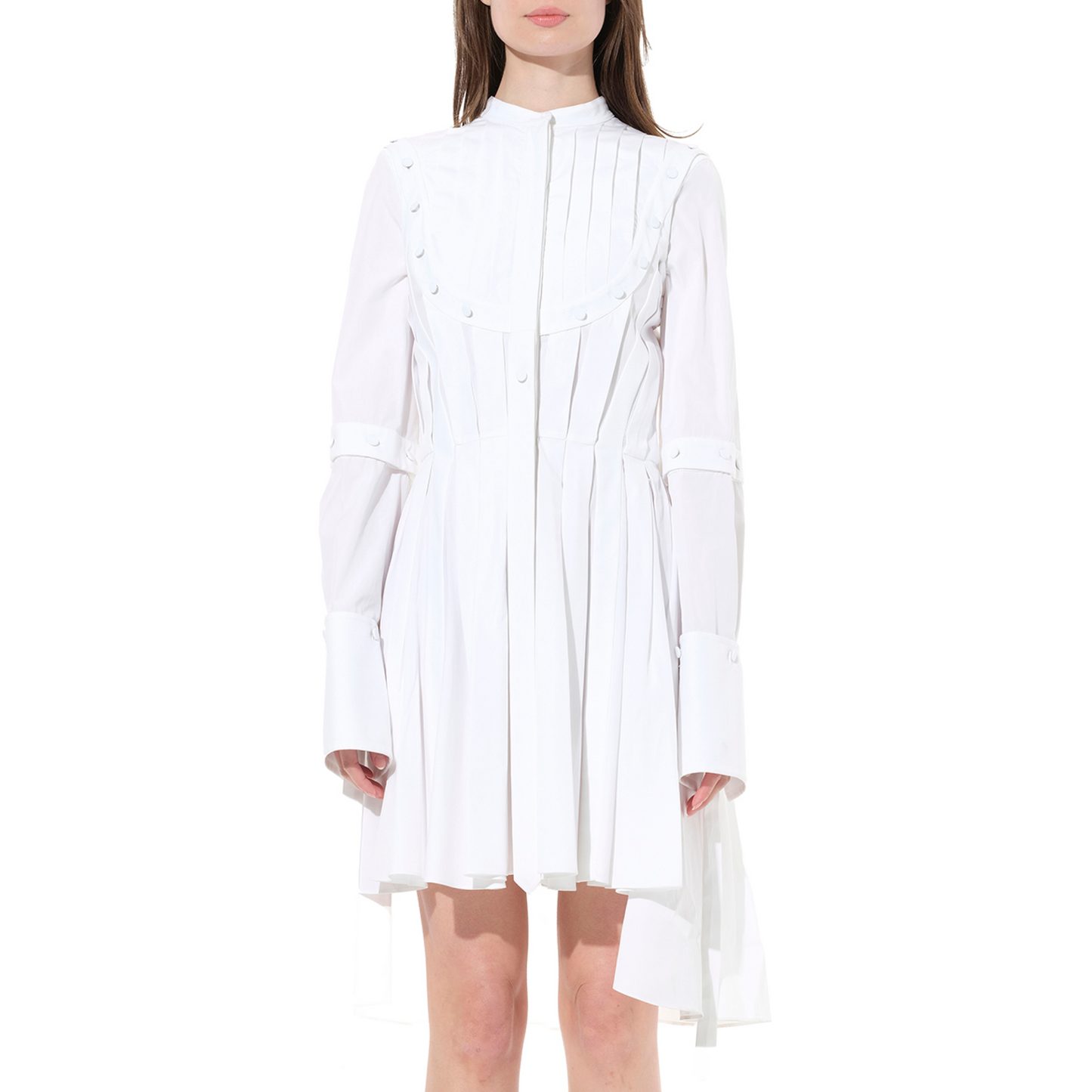 Pleated Sleeves Cotton Dress in White