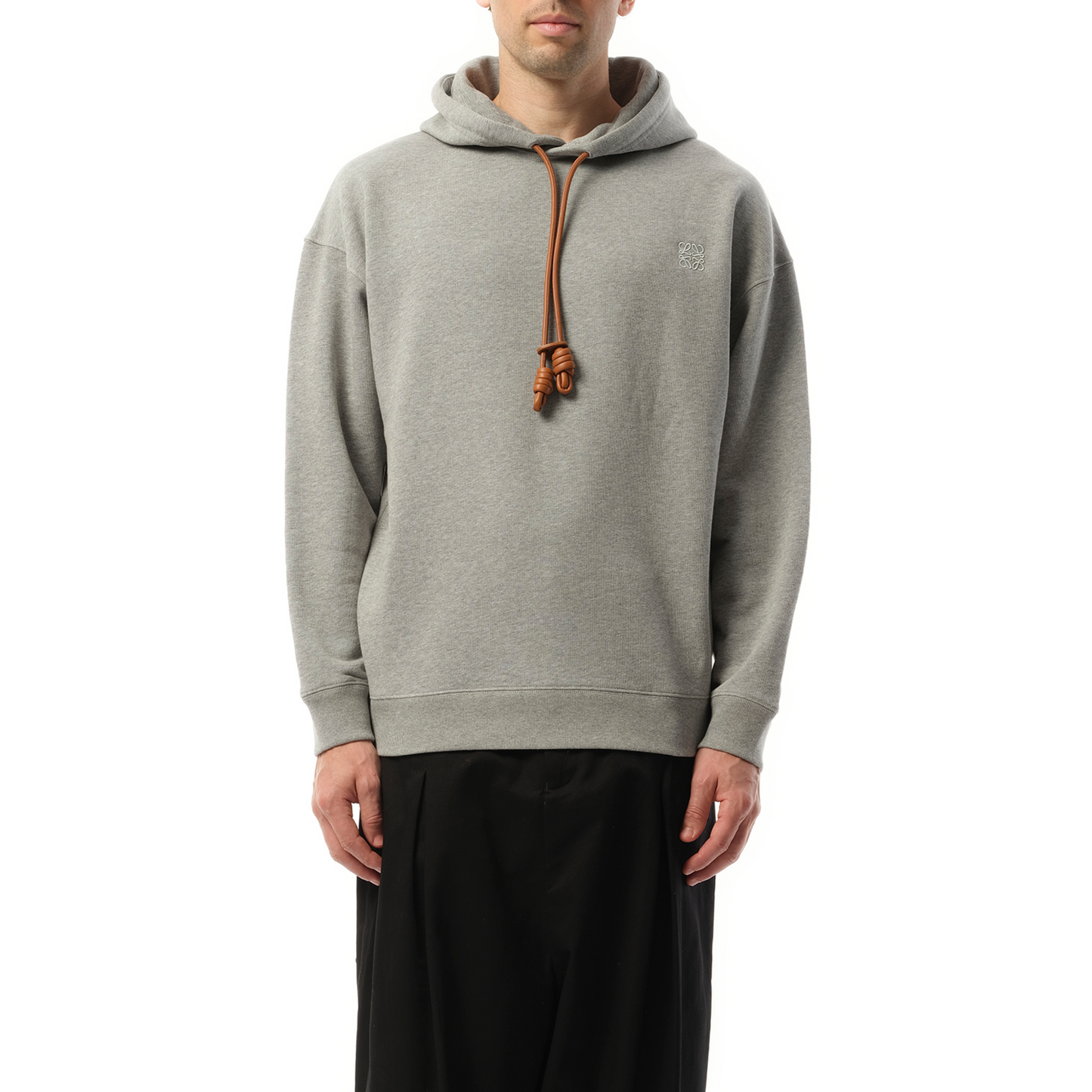 Leather Tassle Hoodie in Grey Melange