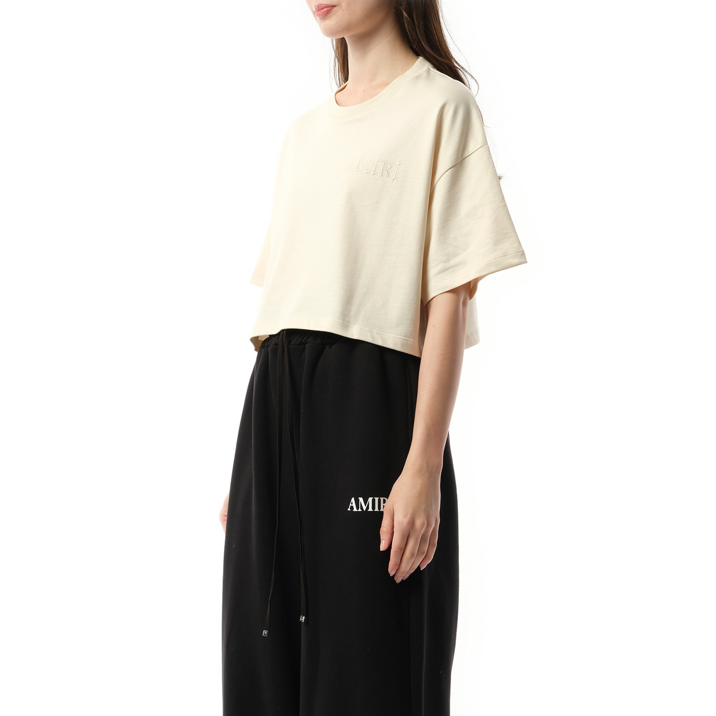 Amiri Embroidered Cropped T-Shirt in Alabaster