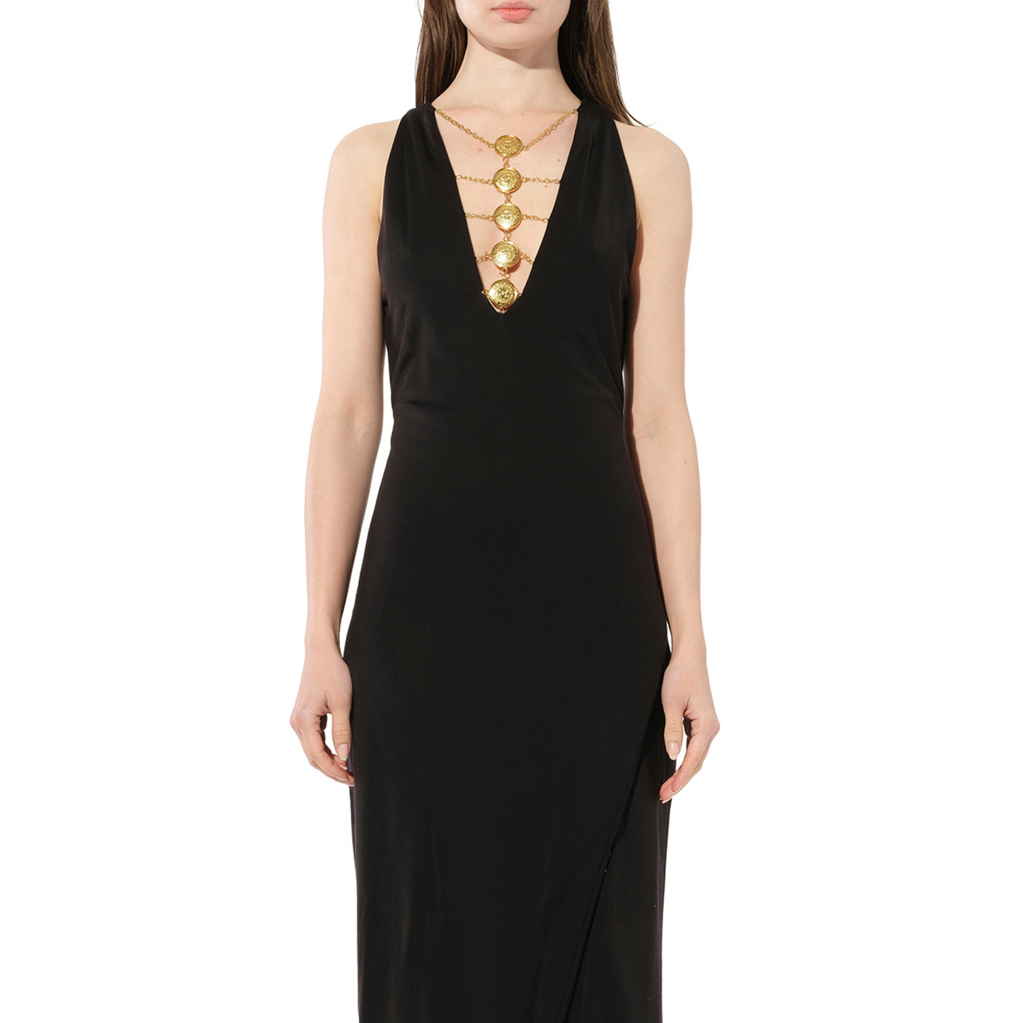 Balmain Sleeveless Coin Long Dress in Black