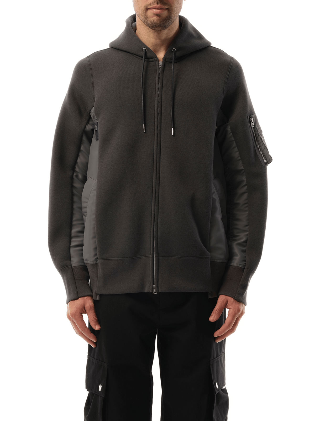 Sacai Sponge Sweat Nylon Twill Zip Hoodie in Charcoal Gray