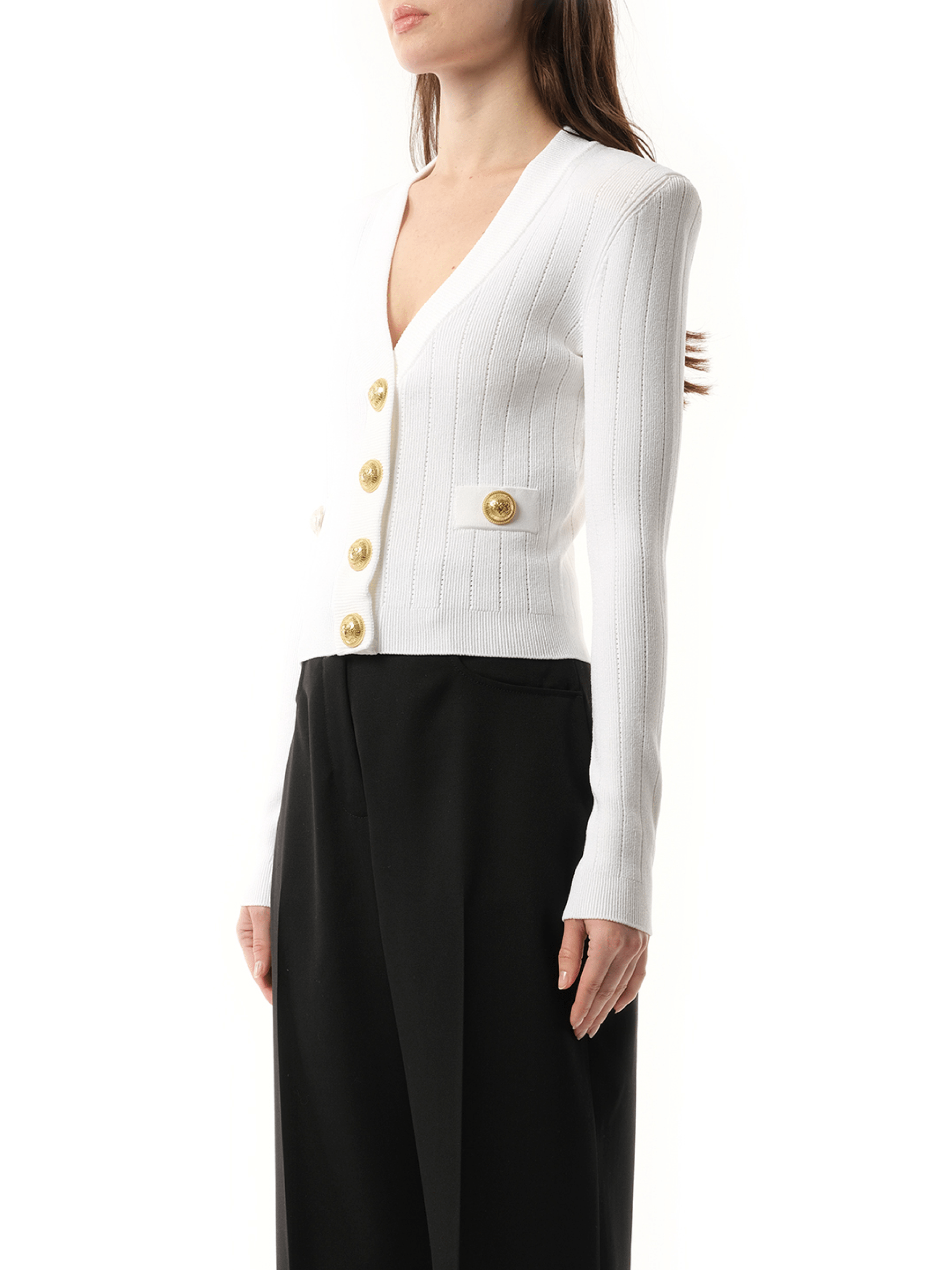 Balmain Buttoned Knit Crop Cardigan in White