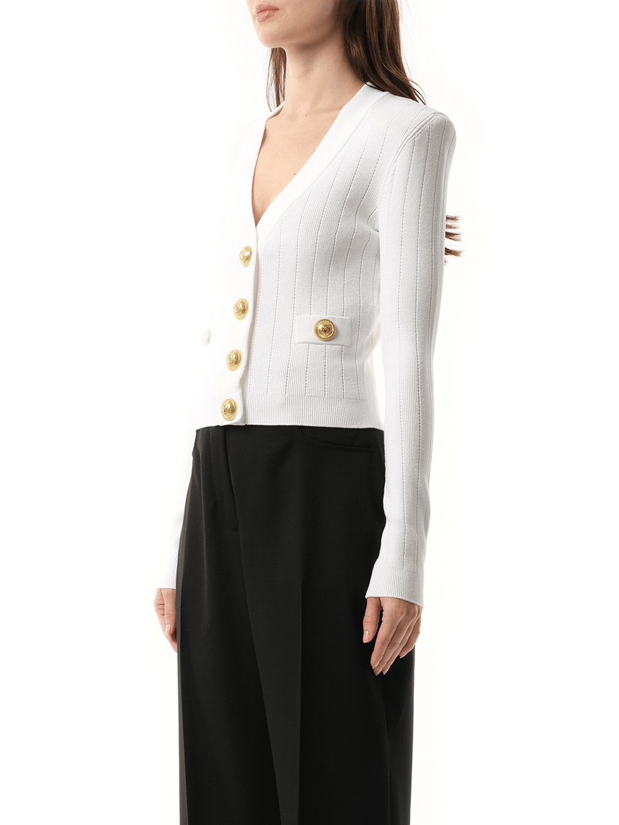 Balmain Buttoned Knit Crop Cardigan in White