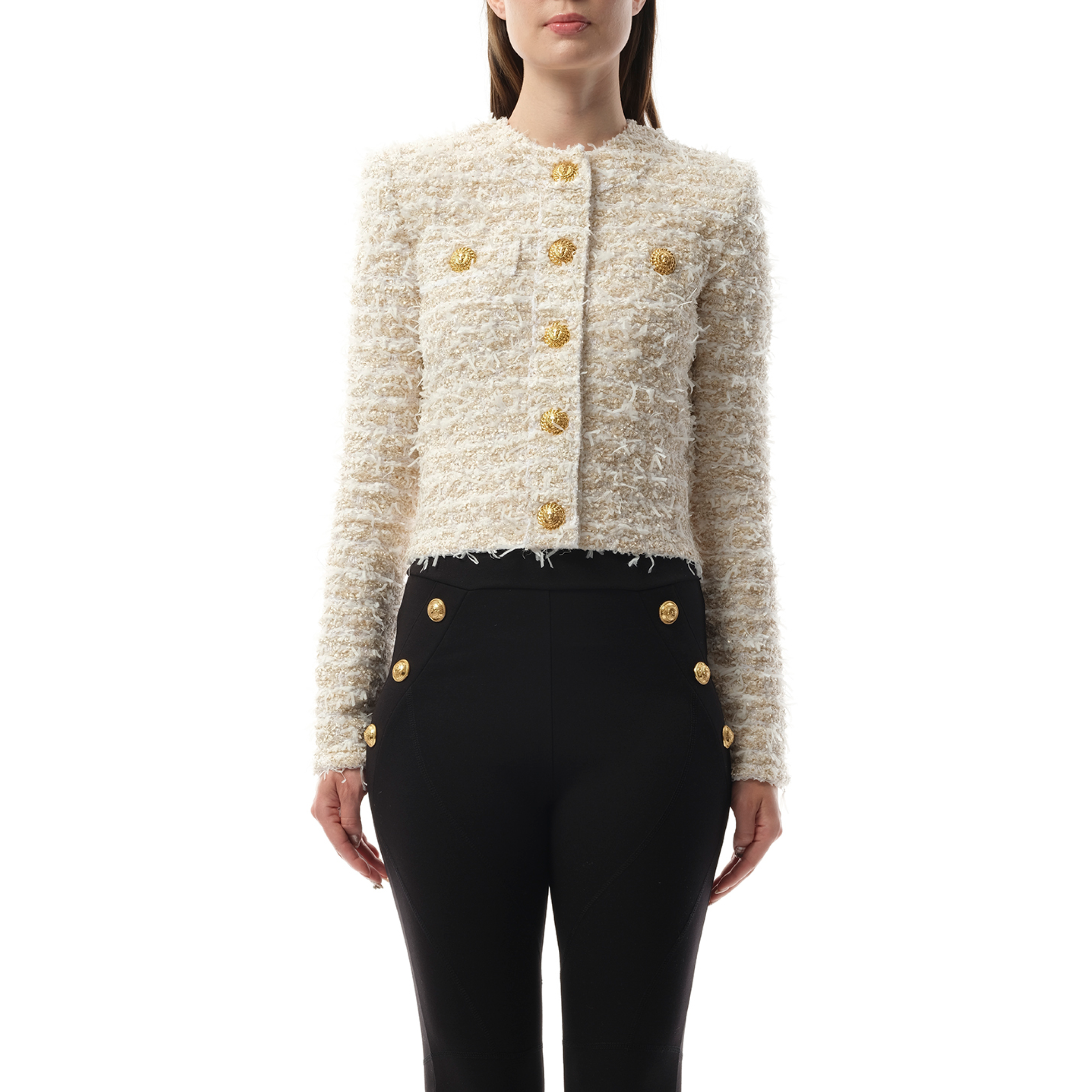 2 Pockets Buttoned Tweed Knit Crop Jacket in White/Gold