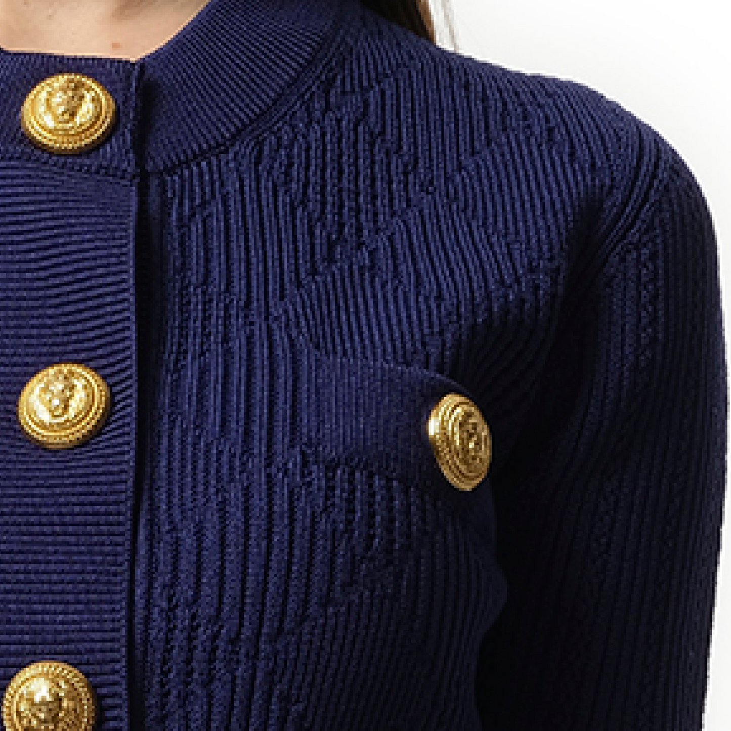 Buttoned 2 Pockets Vichy Knit Cardigan in Midnight Blue