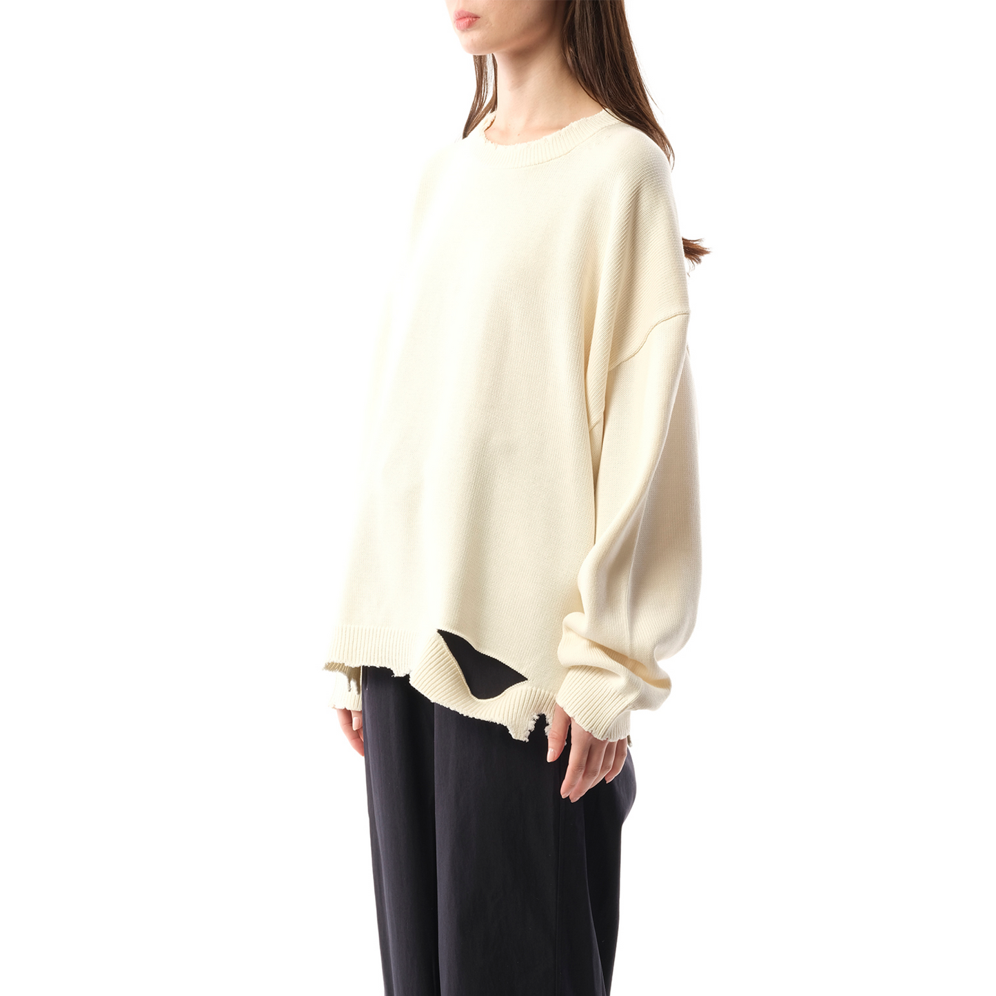 Distressed Rib Sweater in Ivory