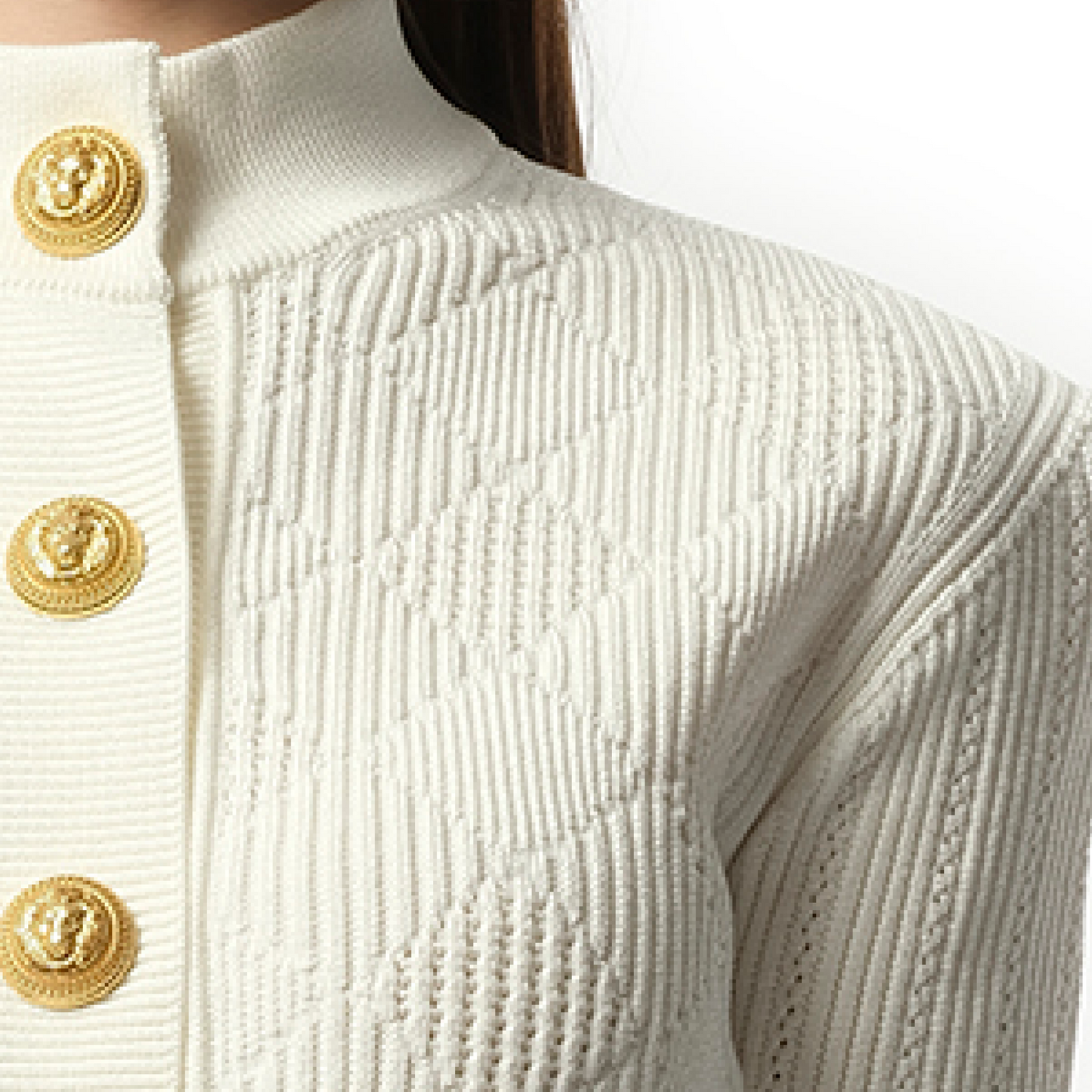 Buttoned 2 Pockets Vichy Knit Cardigan in White