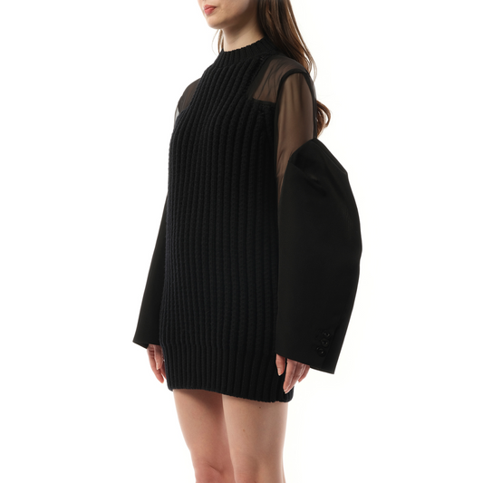 Silk Chiffon Mix Knit Dress in Black