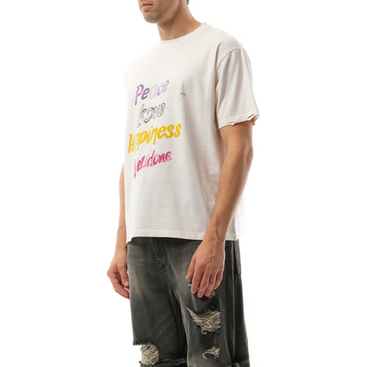 White Lettering Print Distressed T-Shirt in White