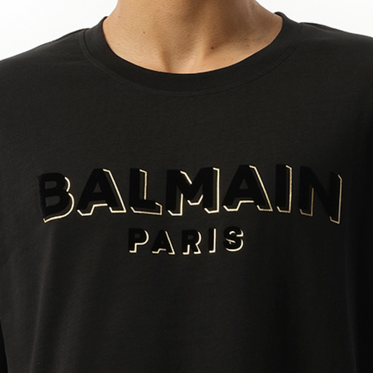 Balmain Flock & Foil T-Shirt in Black/Gold