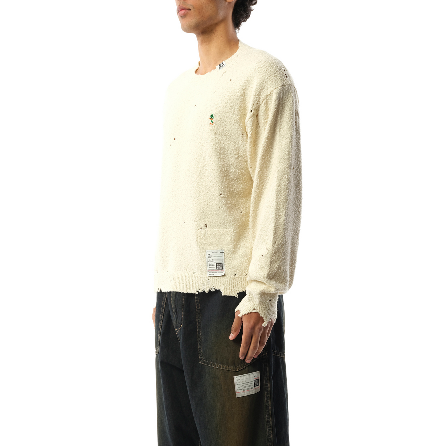 Distressed Knit Pullover in White