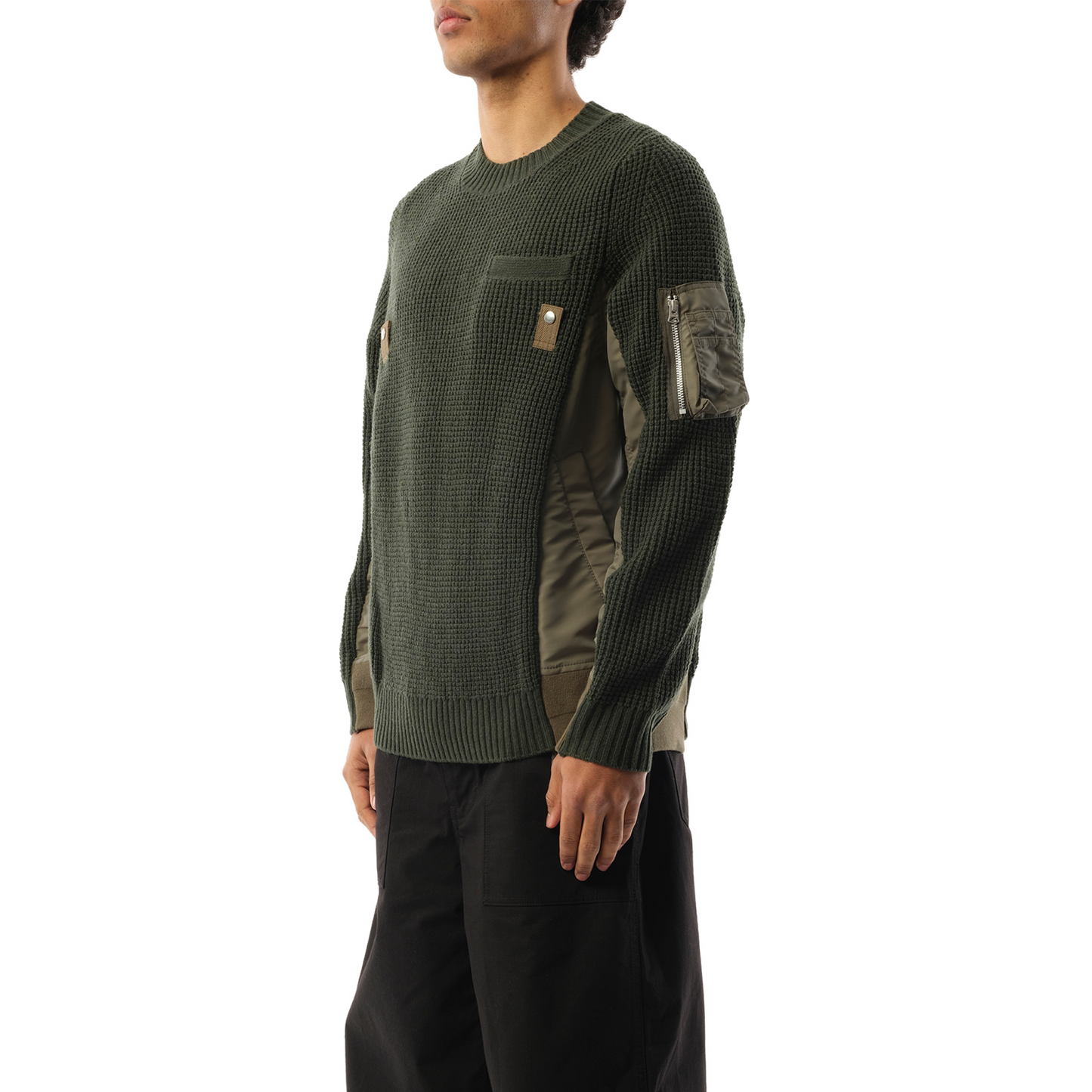 Nylon Twill x Wool Knit Pullover in Khaki