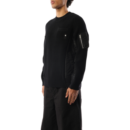 Nylon Twill x Wool Knit Pullover in Black