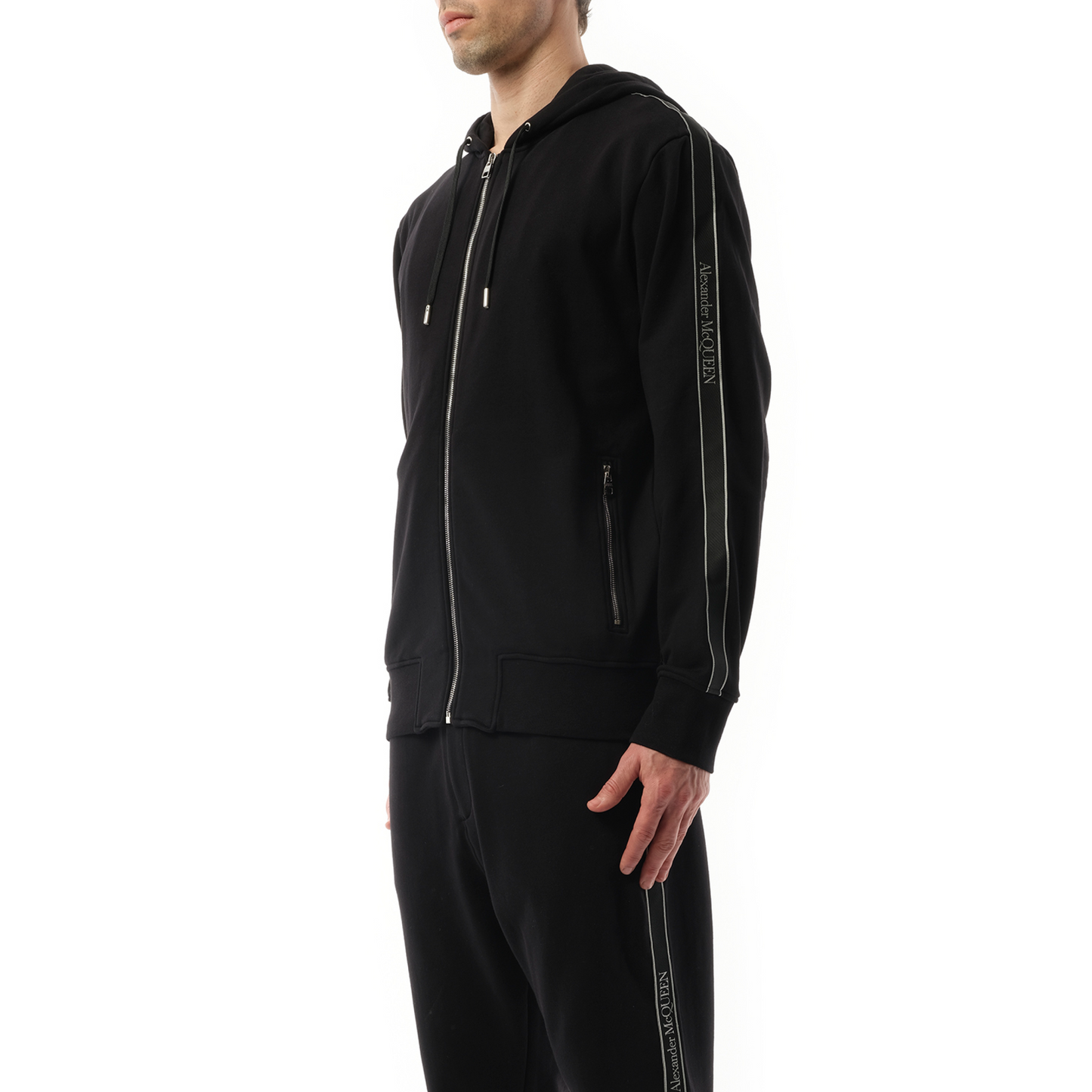 Tape Zip Up Hoodie in Black/Black