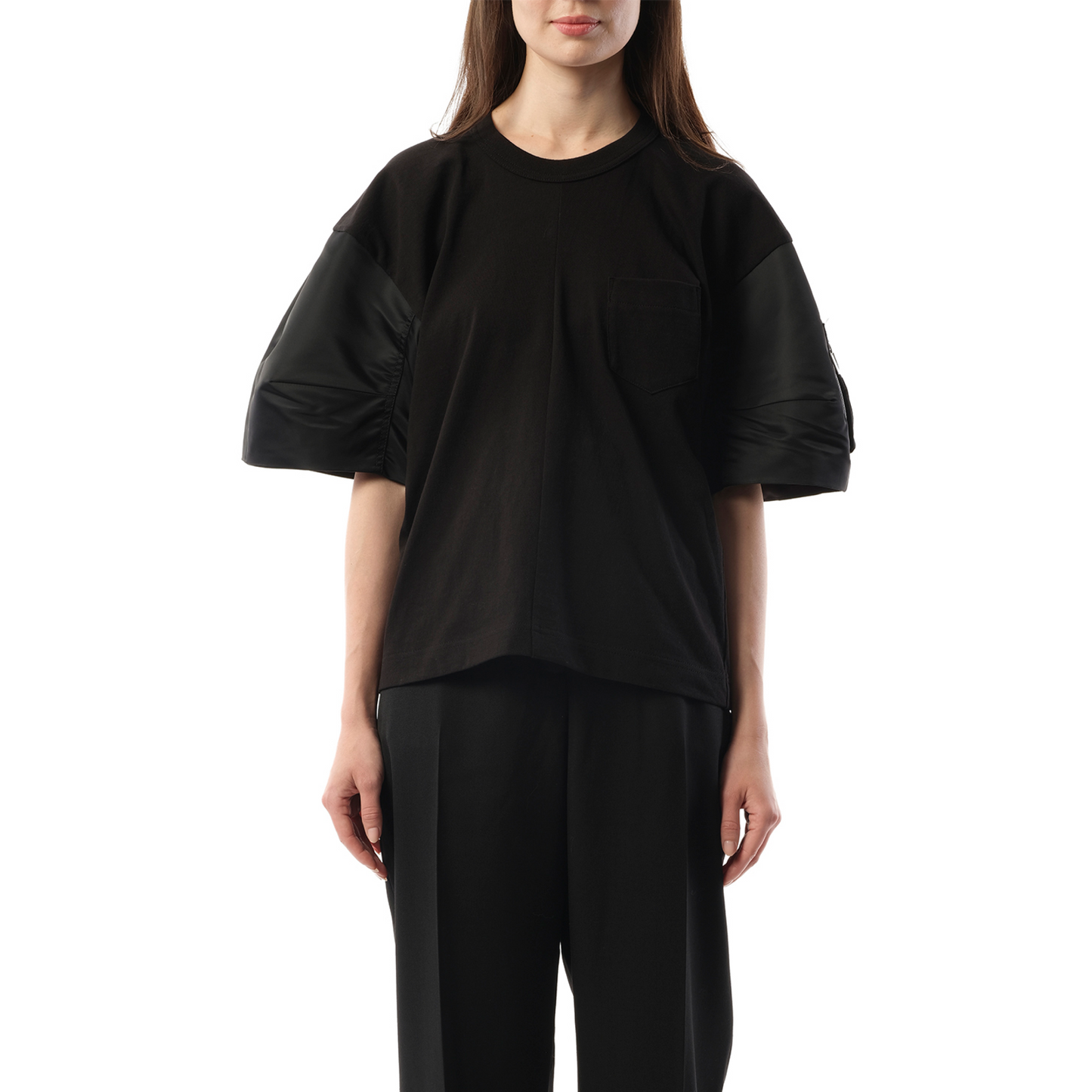 Nylon Twill Cotton Jersey T-Shirt in Black