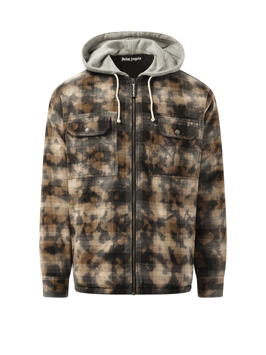 Palm Angels Curved Logo Check Overshirt in Grey/Off White