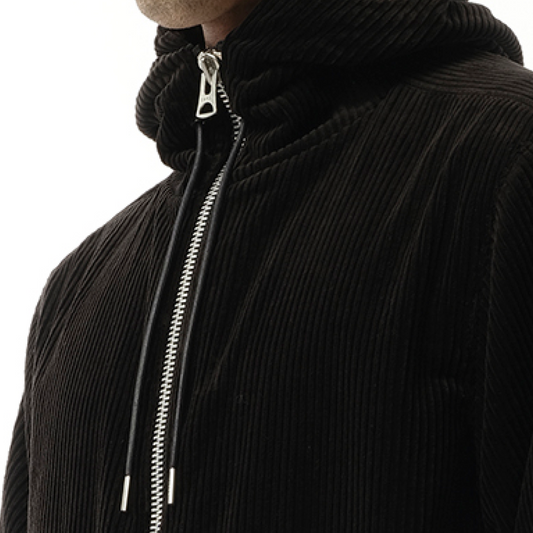 Corduroy Zip-Up Hoodie in Black