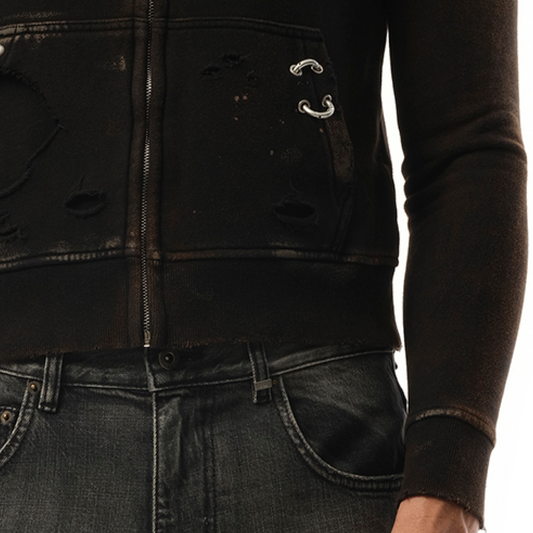 Piercing Detail Hoodie Zip-Up in Black