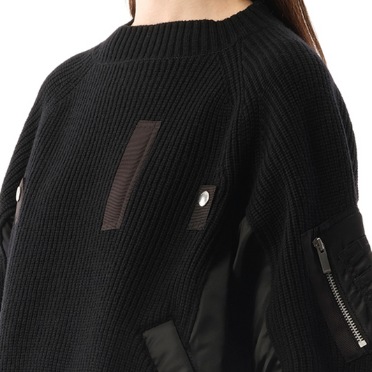 Wool Knit x Nylon Twill Pullover in Black