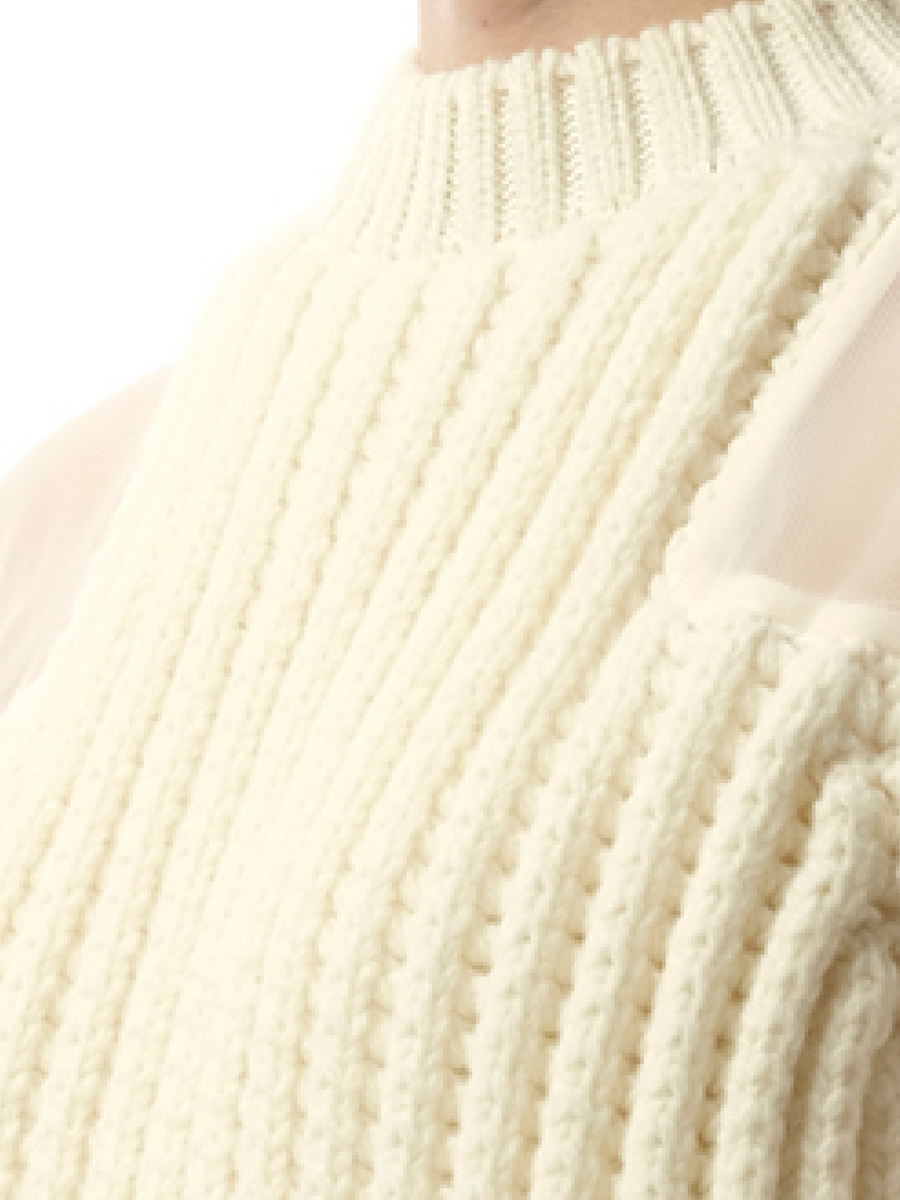 Silk Chiffon Mix Knit Dress in Off White