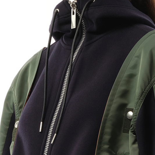 Nylon Twill x Sponge Sweat Zip-Up Hoodie in Navy/Khaki