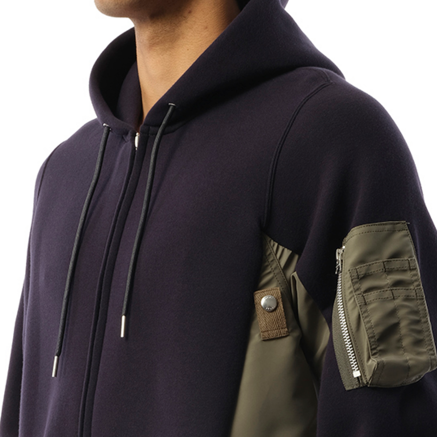 Sponge Sweat Nylon Twill  Zip Hoodie in Navy/Khaki