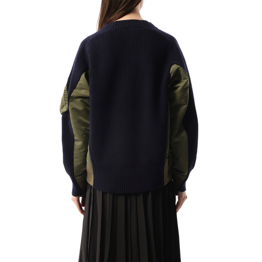 Wool Knit x Nylon Twill Pullover in Navy/Khaki