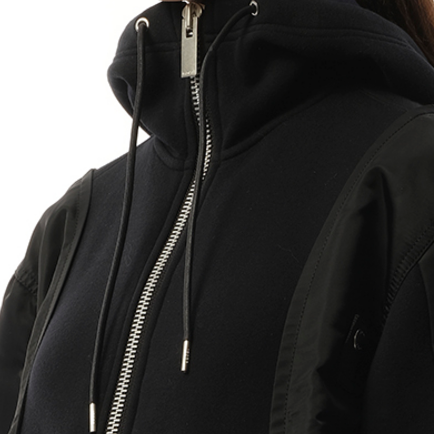 Nylon Twill x Sponge Sweat Zip-Up Hoodie in Black