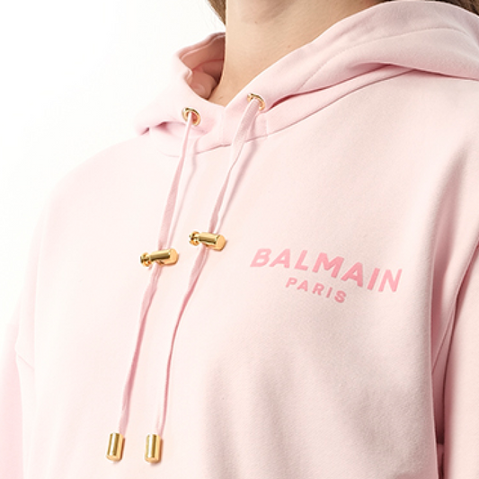 Balmain Flock Detail Cropped Hoodie in Pink