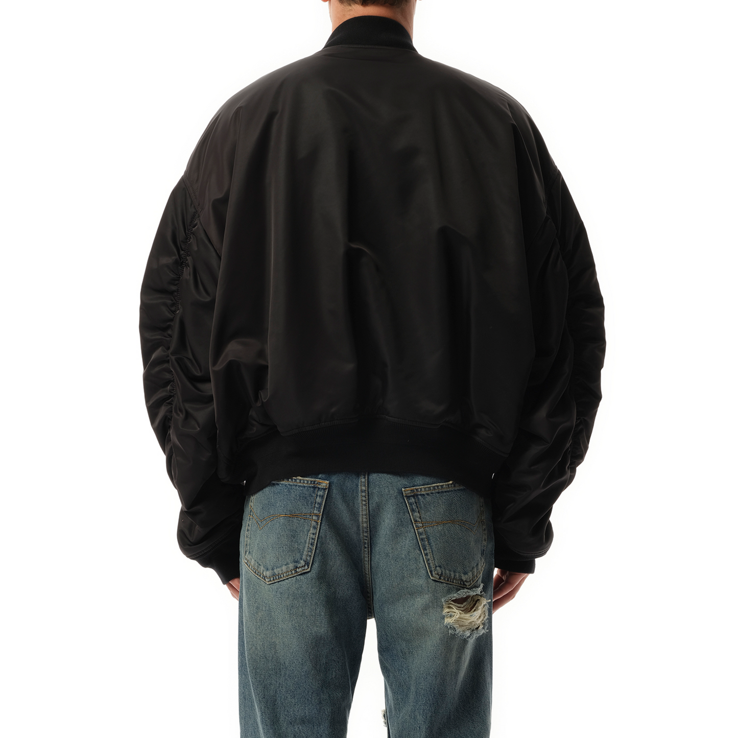 Nylon Bomber Varsity Jacket in Black