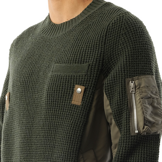 Nylon Twill x Wool Knit Pullover in Khaki