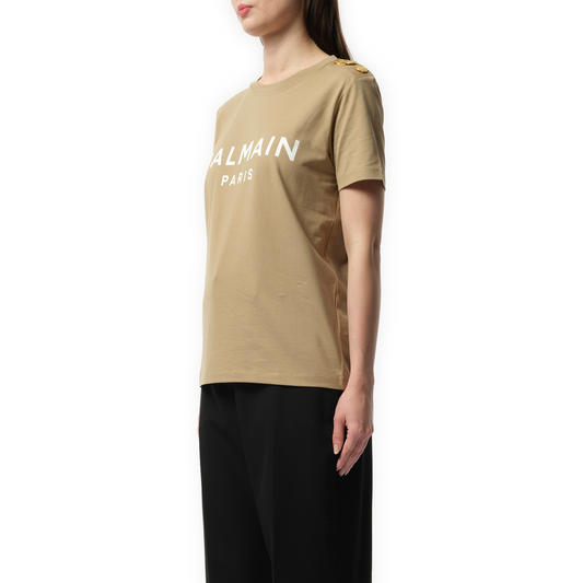 3 Button Printed Balmain T-Shirt in Beige/White