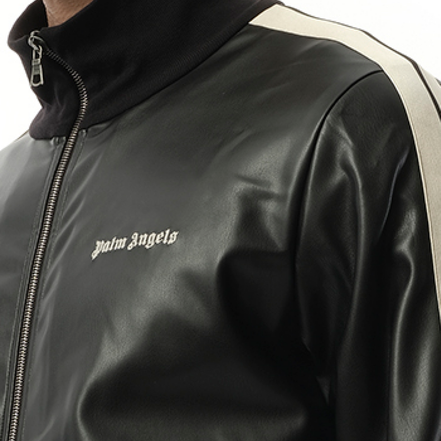 Leather Effect Track Jacket in Black/Off White