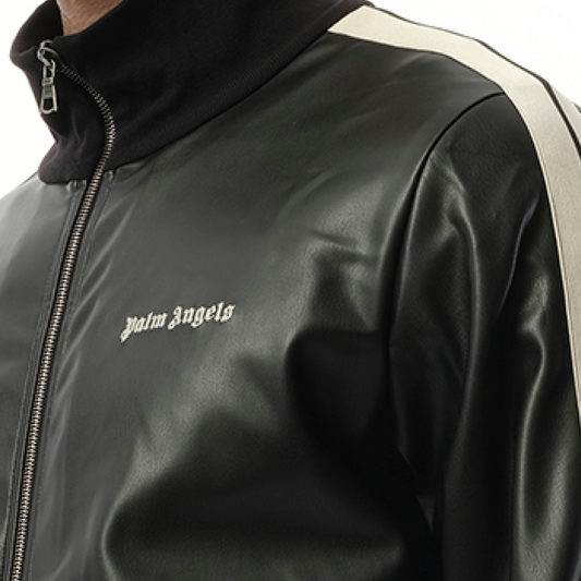 Leather Effect Track Jacket in Black/Off White