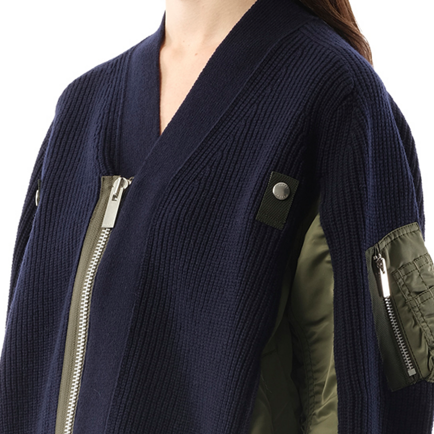 Wool Knit x Nylon Twill Cardigan in Navy/Khaki