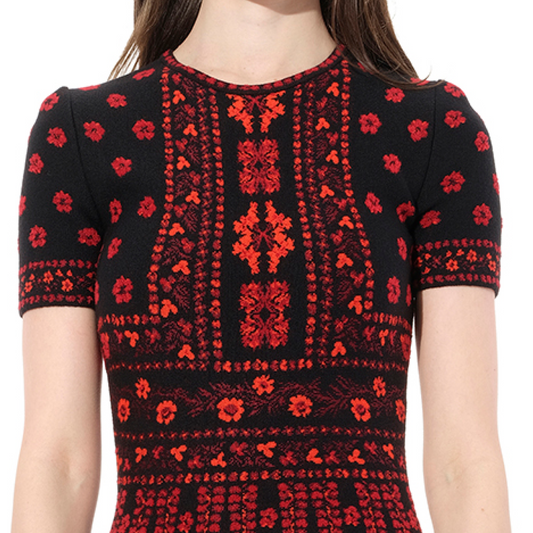 Flower Jacquard Dress in Black/Red