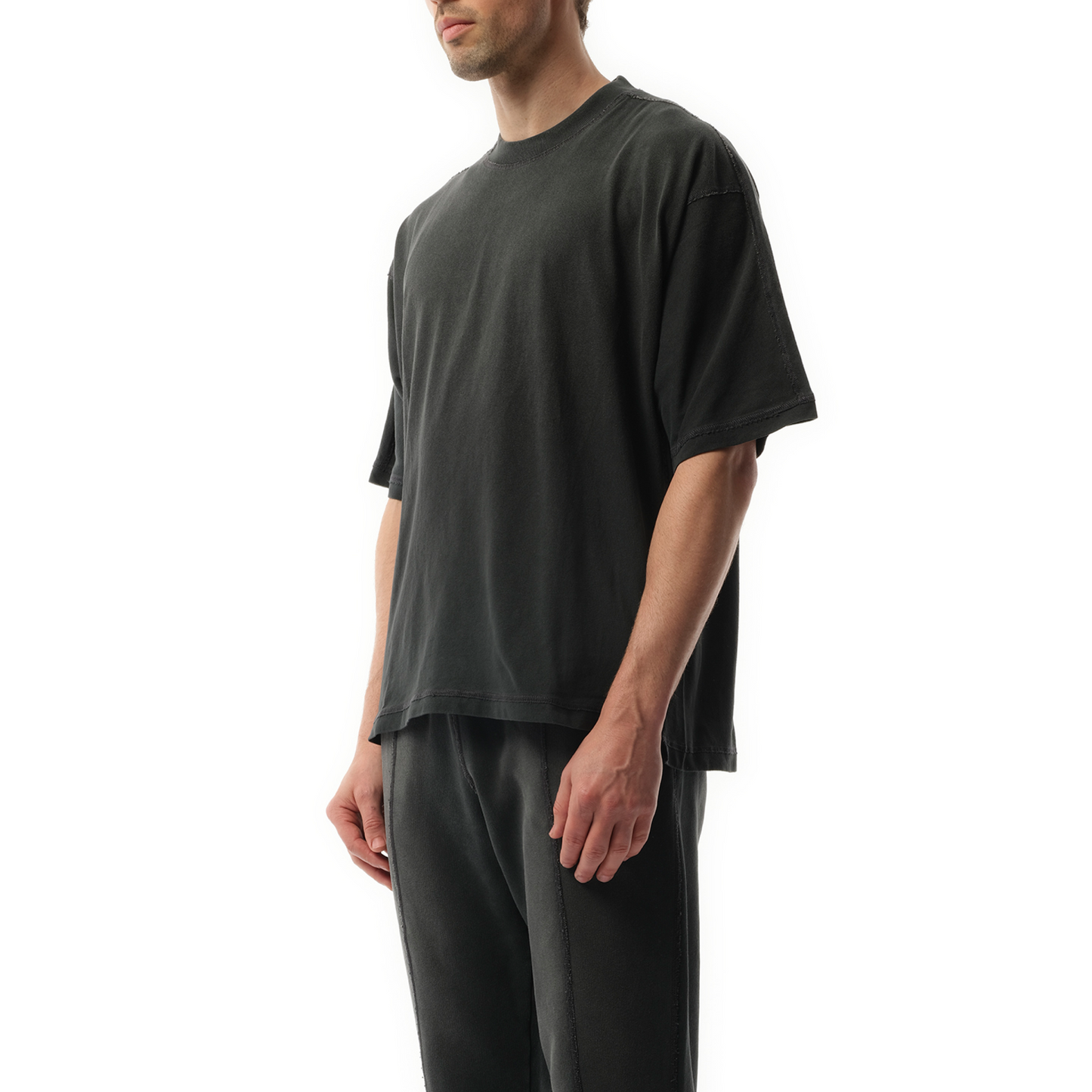 Stepped Hem T-Shirt in Stained Black