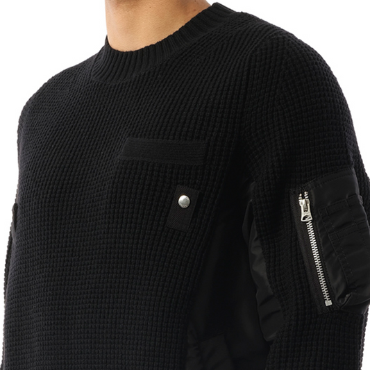 Nylon Twill x Wool Knit Pullover in Black