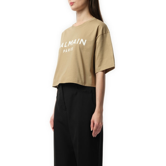 Balmain Printed Cropped T-Shirt in Beige/White