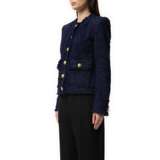 Collarless 2 Pocket Tweed Jacket in Midnight Blue