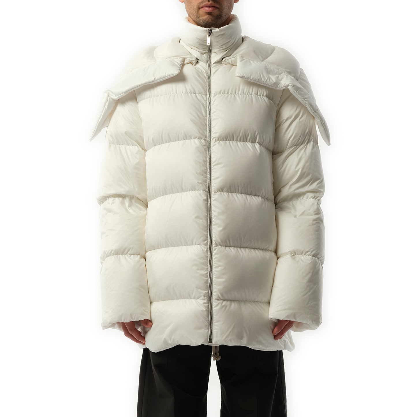 Rick Owens x Moncler Hooded Cyclopic Coat in Milk