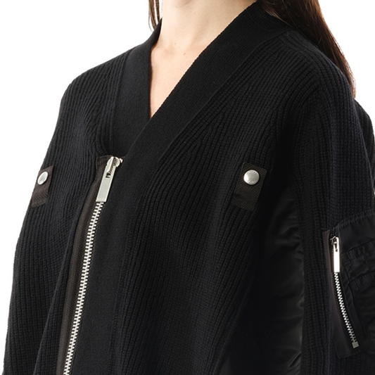 Wool Knit x Nylon Twill Cardigan in Black