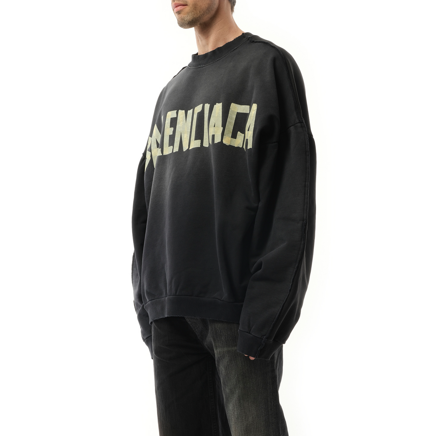 Tape Type Double Front Sweatshirt in Washed Black