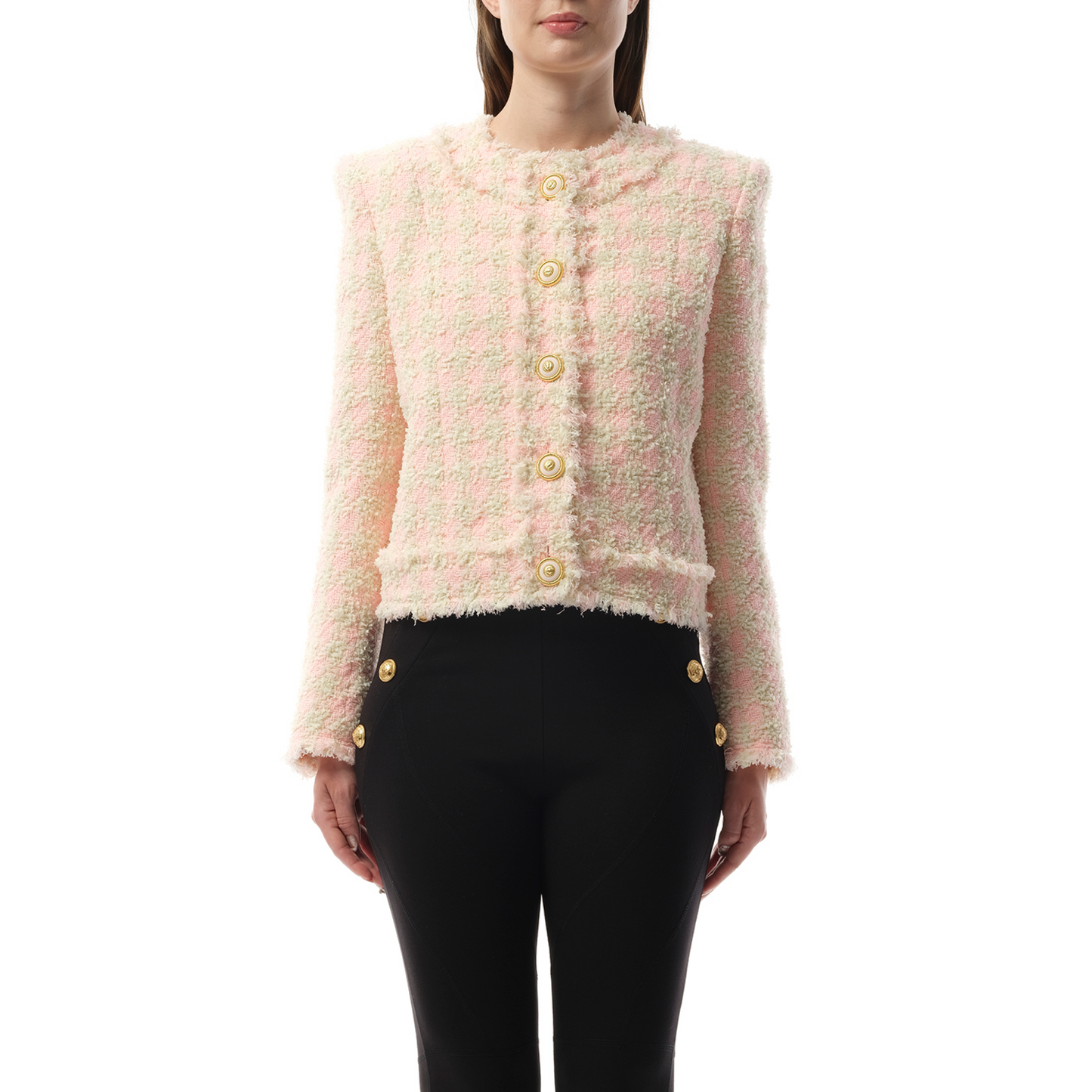 5 Button Collarless Tweed Jacket in Rose/Beige