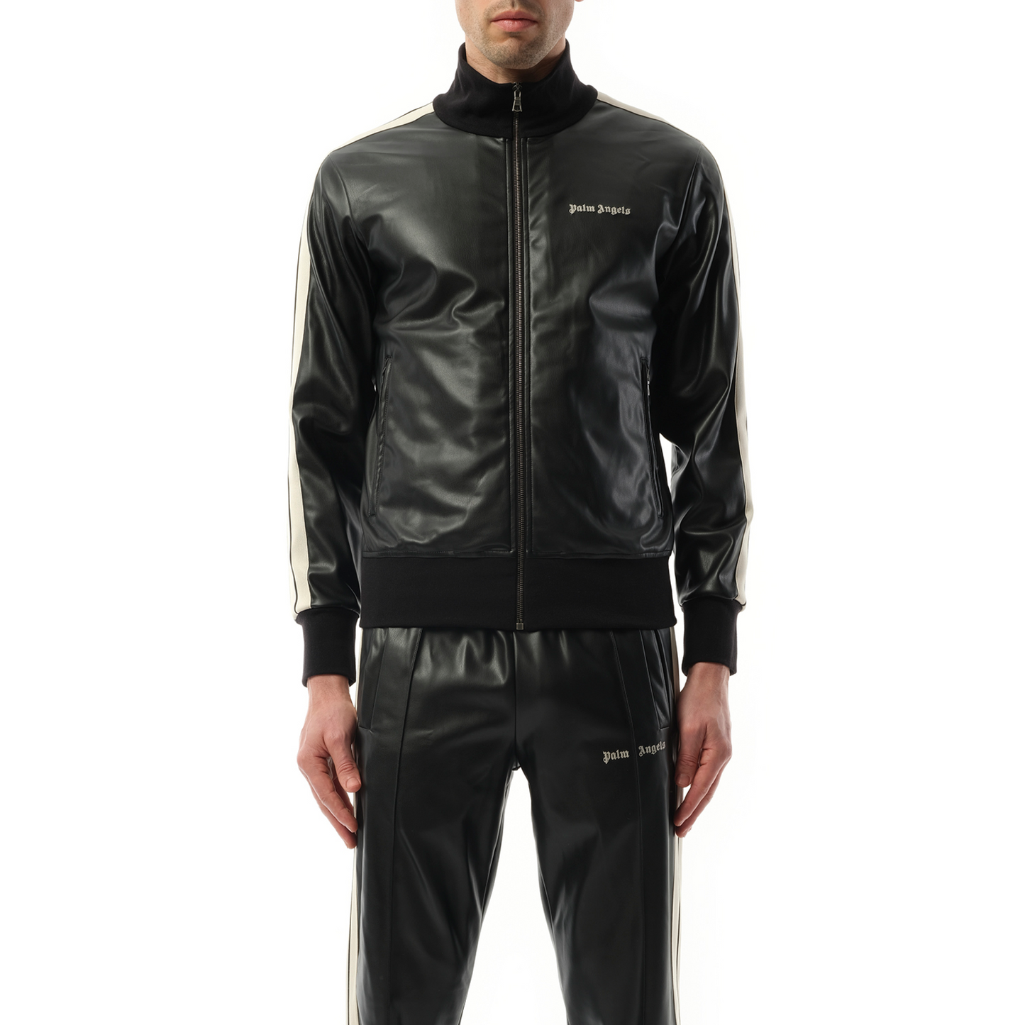 Leather Effect Track Jacket in Black/Off White