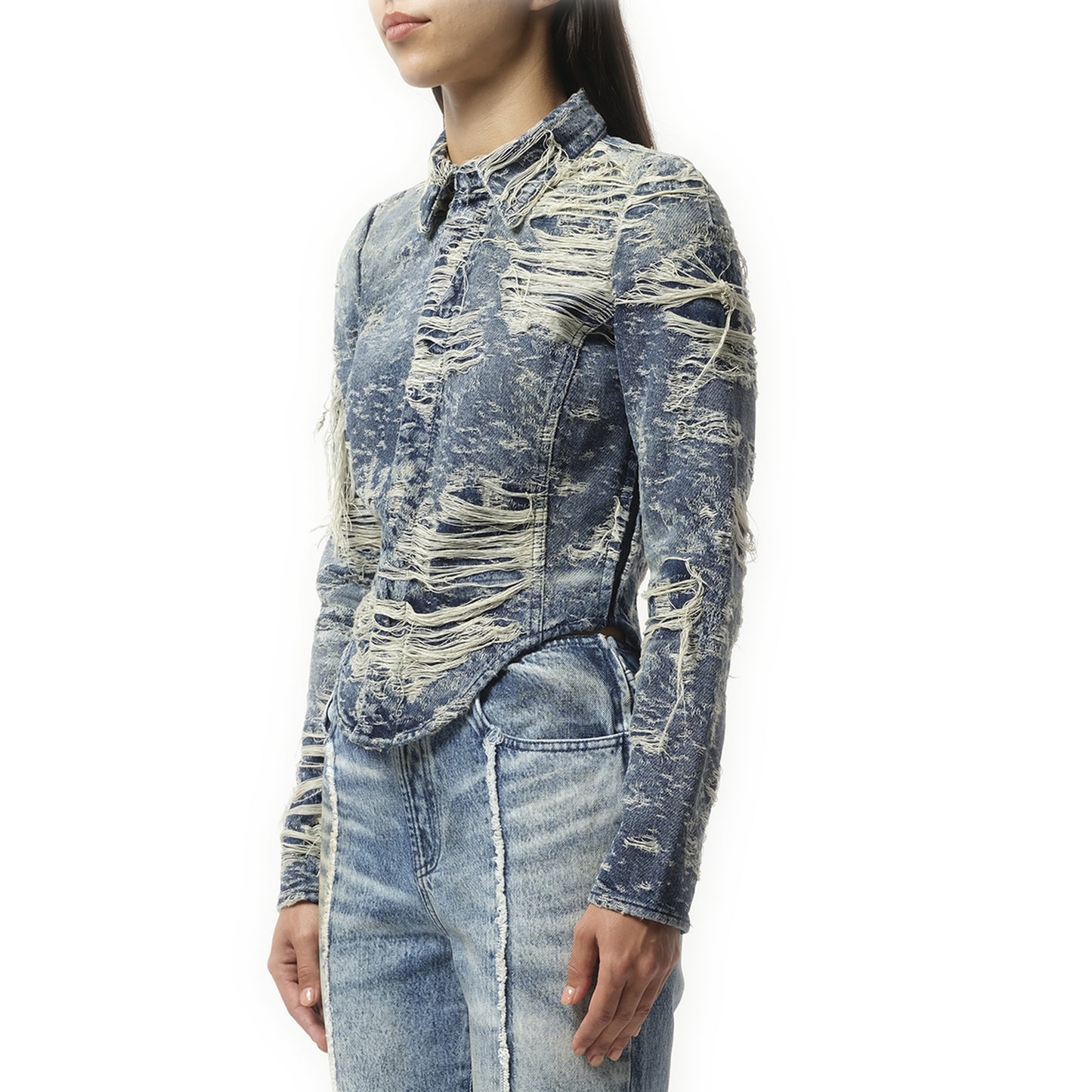 De-Madeline Distressed Denim Shirt in Blue