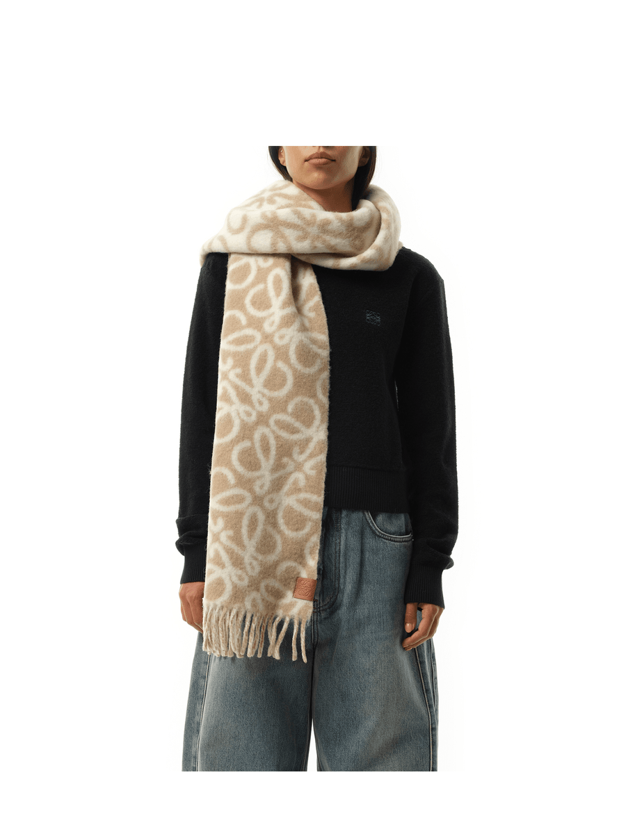 Loewe Textured Anagram Scarf in Beige/White