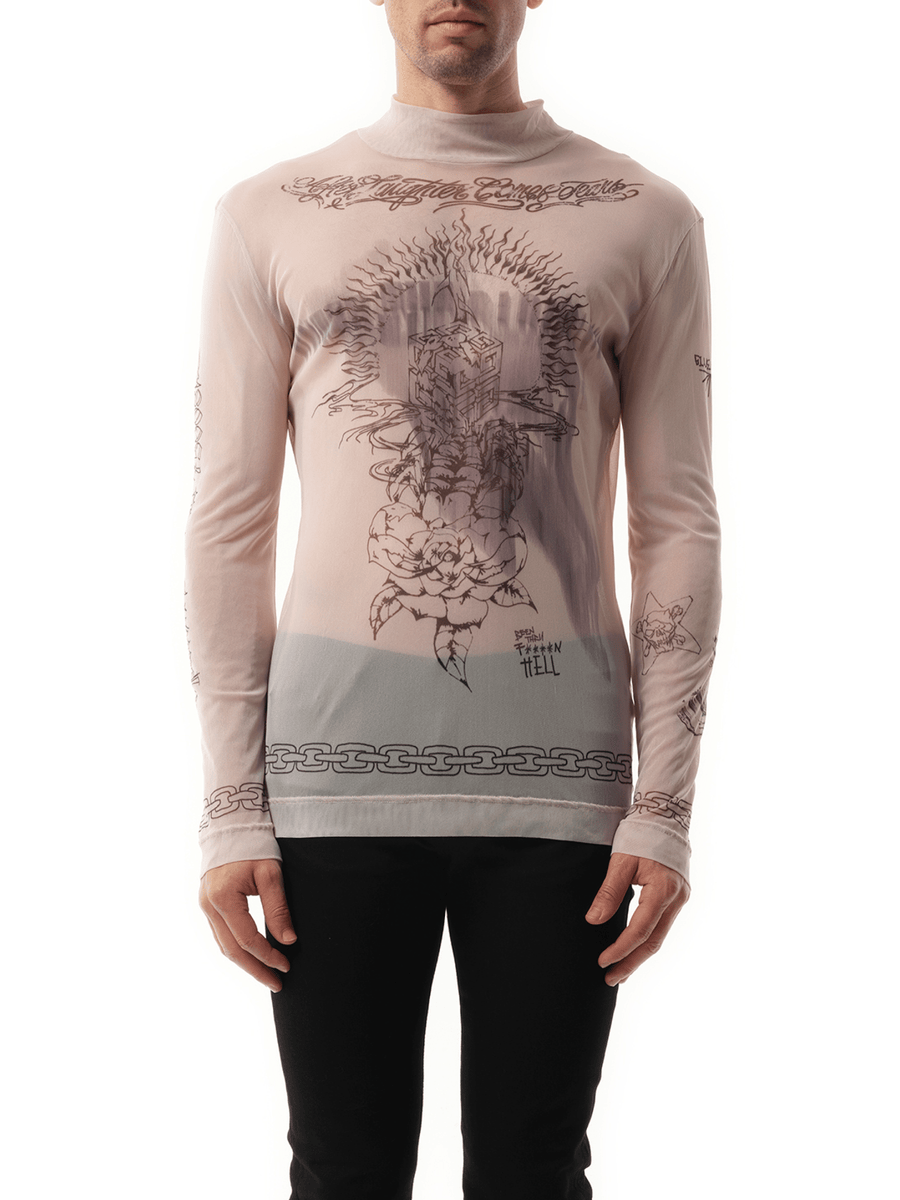 Tattoo Shrine Mesh Long Sleeve T-Shirt in Beige
