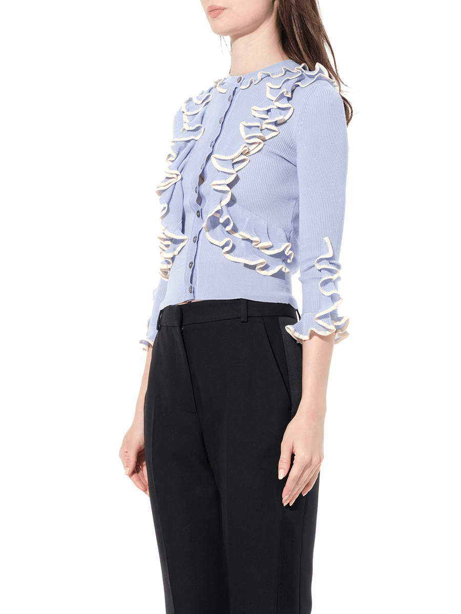 Ruffle Knit Cardigan in Light Blue
